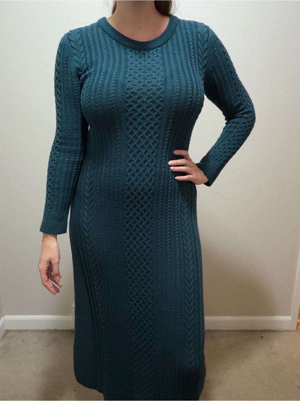 Peruvian Connection Teal 100% Pima Cotton Cable Knit Maxi Dress Size Medium